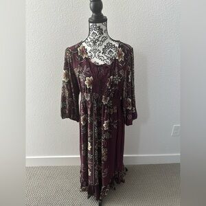 One World Burgundy Floral Maxi Dress Boho Cottagecore Peasant 3/4 Sleeve XL